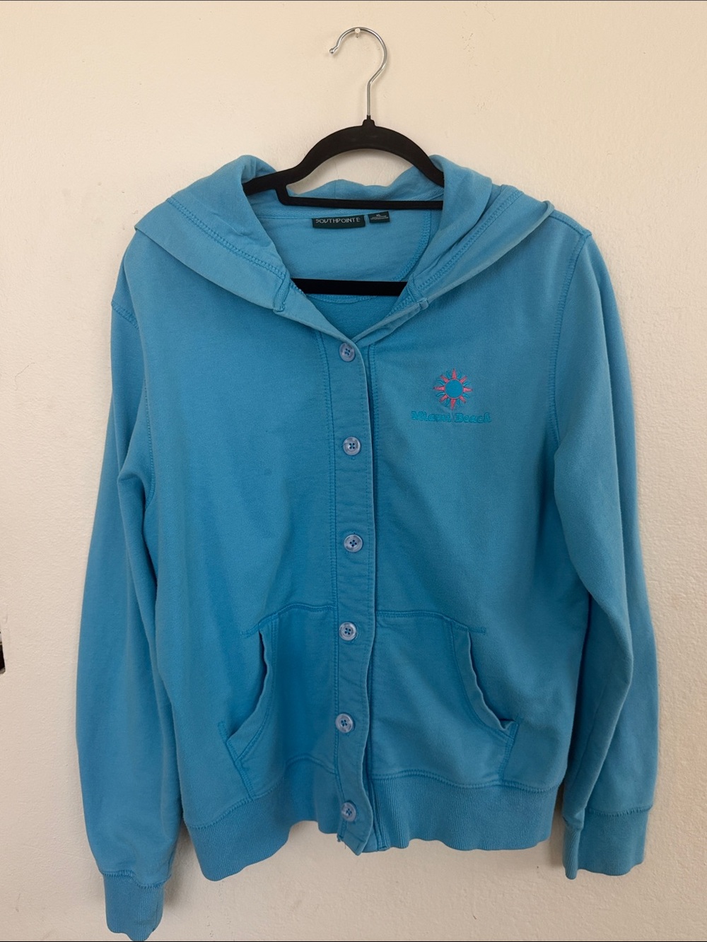 Vintage Miami Beach Light Blue Hooded Button-Up Sweatshirt Size XL